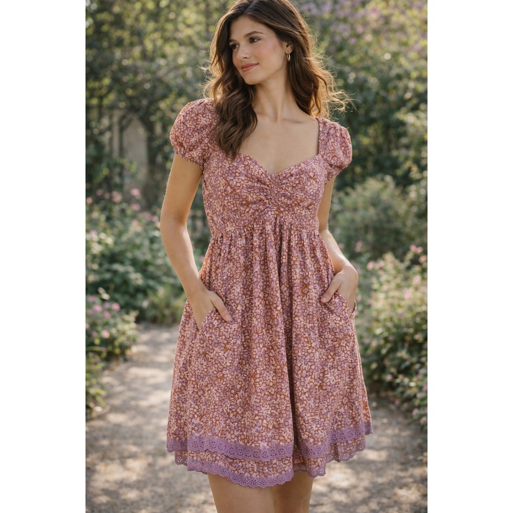 Free People Tabatha Floral Mini Dress Puff Sleeve Summer M NWT